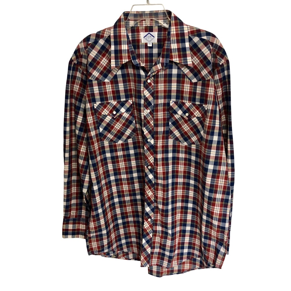 Classic 90s Americana Pearl Snap Long Sleeve Plaid Button Down Shirt - XL